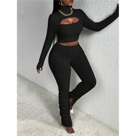 Cut Out High Neck Crop Tee & Split Hem Pants - Picture 4 of 5